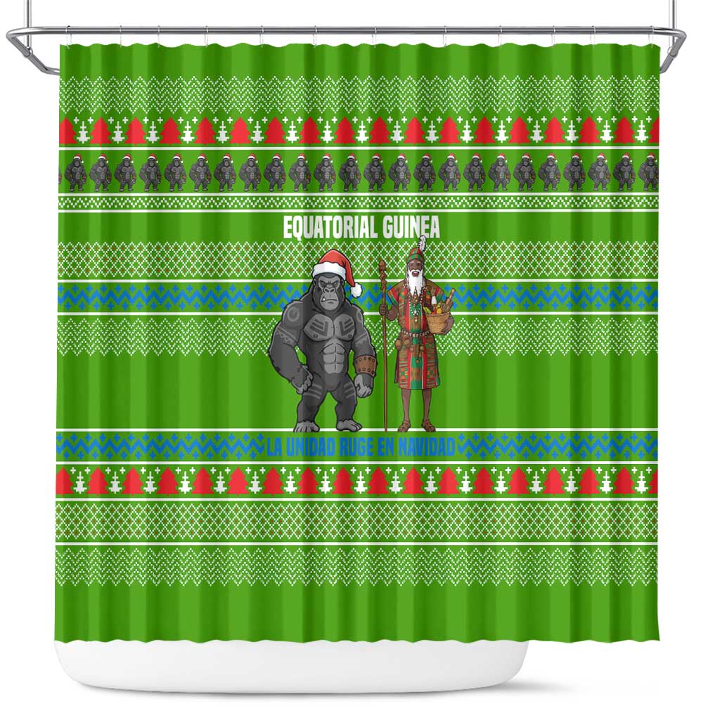 Equatorial Guinea Christmas Shower Curtain with Santa Gorilla Gift Basket and Green Holiday Pattern Design - Wonder Print Shop