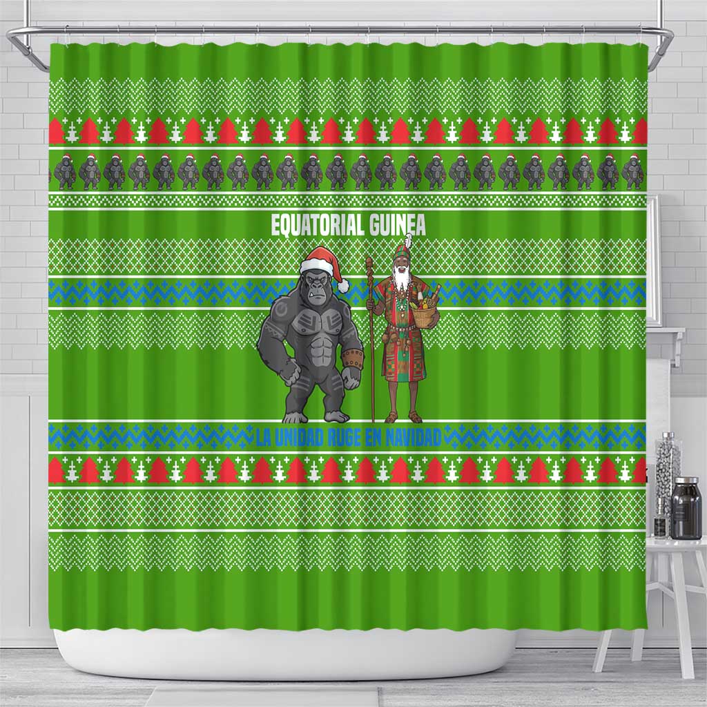 Equatorial Guinea Christmas Shower Curtain with Santa Gorilla Gift Basket and Green Holiday Pattern Design - Wonder Print Shop
