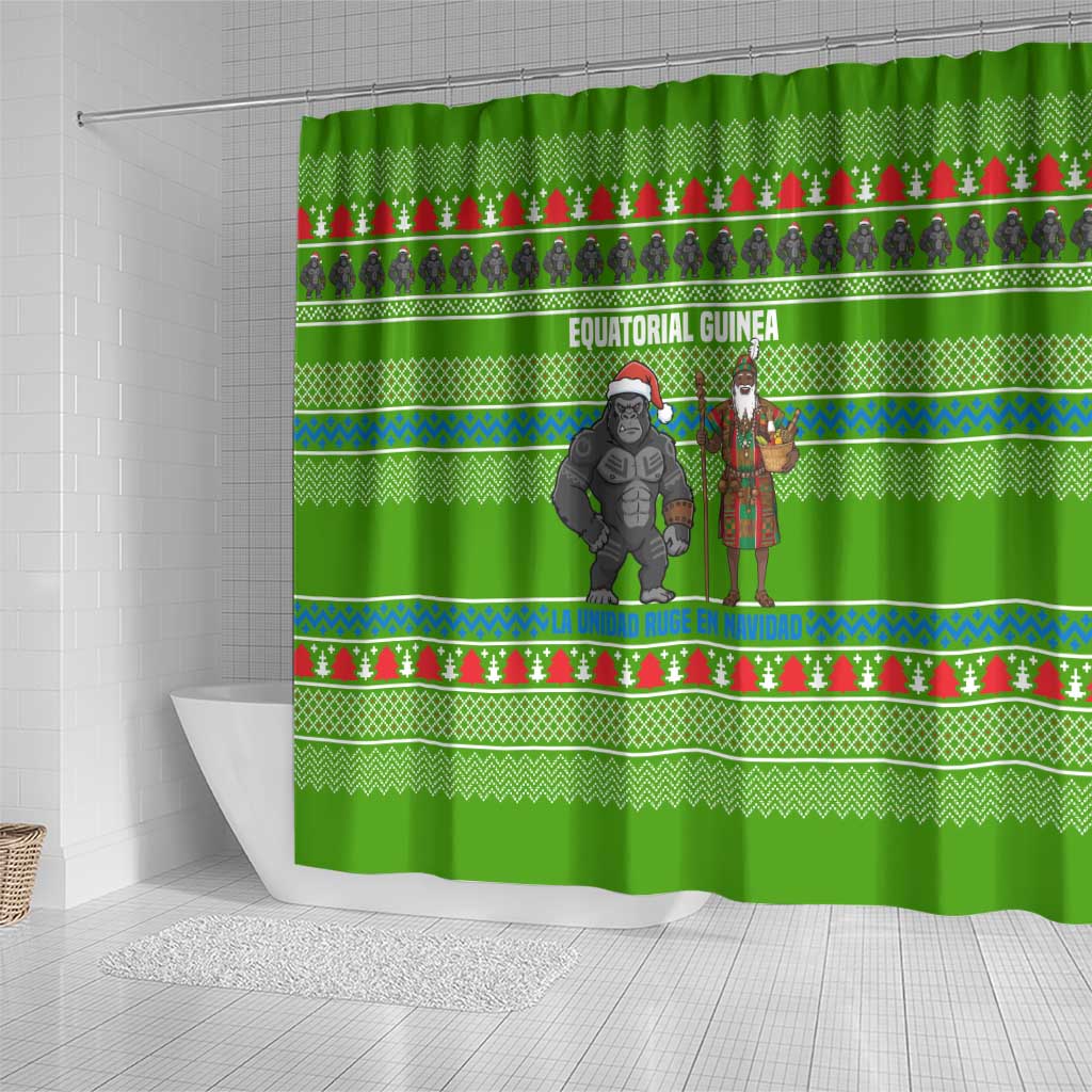 Equatorial Guinea Christmas Shower Curtain with Santa Gorilla Gift Basket and Green Holiday Pattern Design - Wonder Print Shop