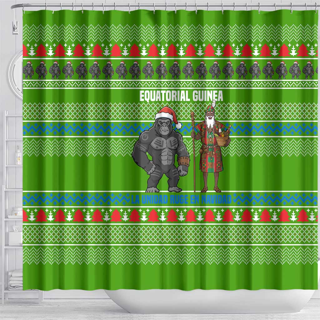 Equatorial Guinea Christmas Shower Curtain with Santa Gorilla Gift Basket and Green Holiday Pattern Design - Wonder Print Shop