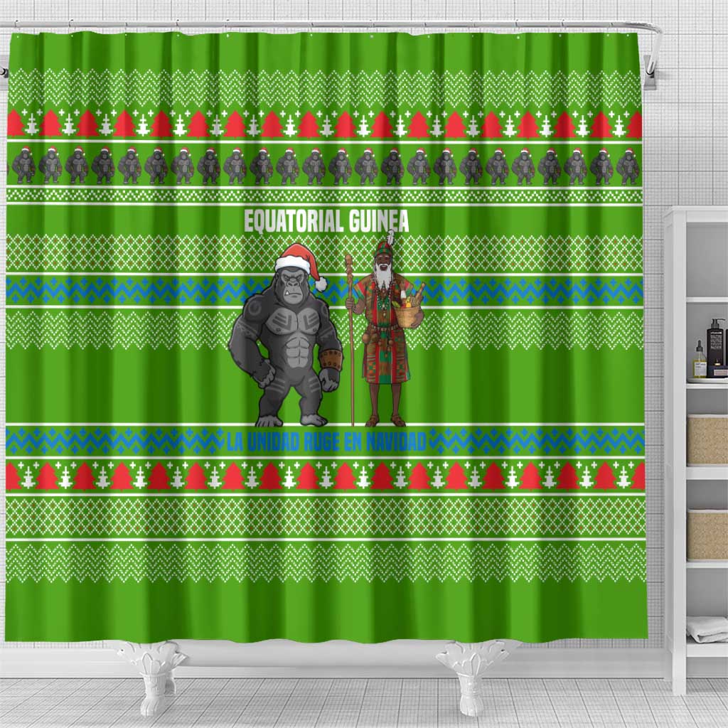 Equatorial Guinea Christmas Shower Curtain with Santa Gorilla Gift Basket and Green Holiday Pattern Design - Wonder Print Shop