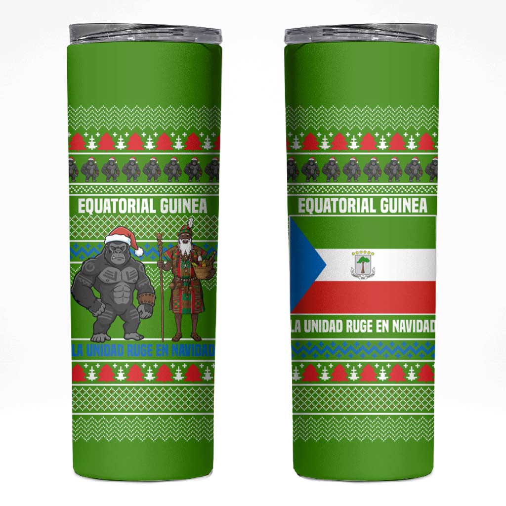 Equatorial Guinea Christmas Skinny Tumbler with Santa Gorilla Gift Basket and Green Holiday Pattern Design - Wonder Print Shop