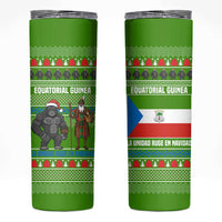 Equatorial Guinea Christmas Skinny Tumbler with Santa Gorilla Gift Basket and Green Holiday Pattern Design - Wonder Print Shop