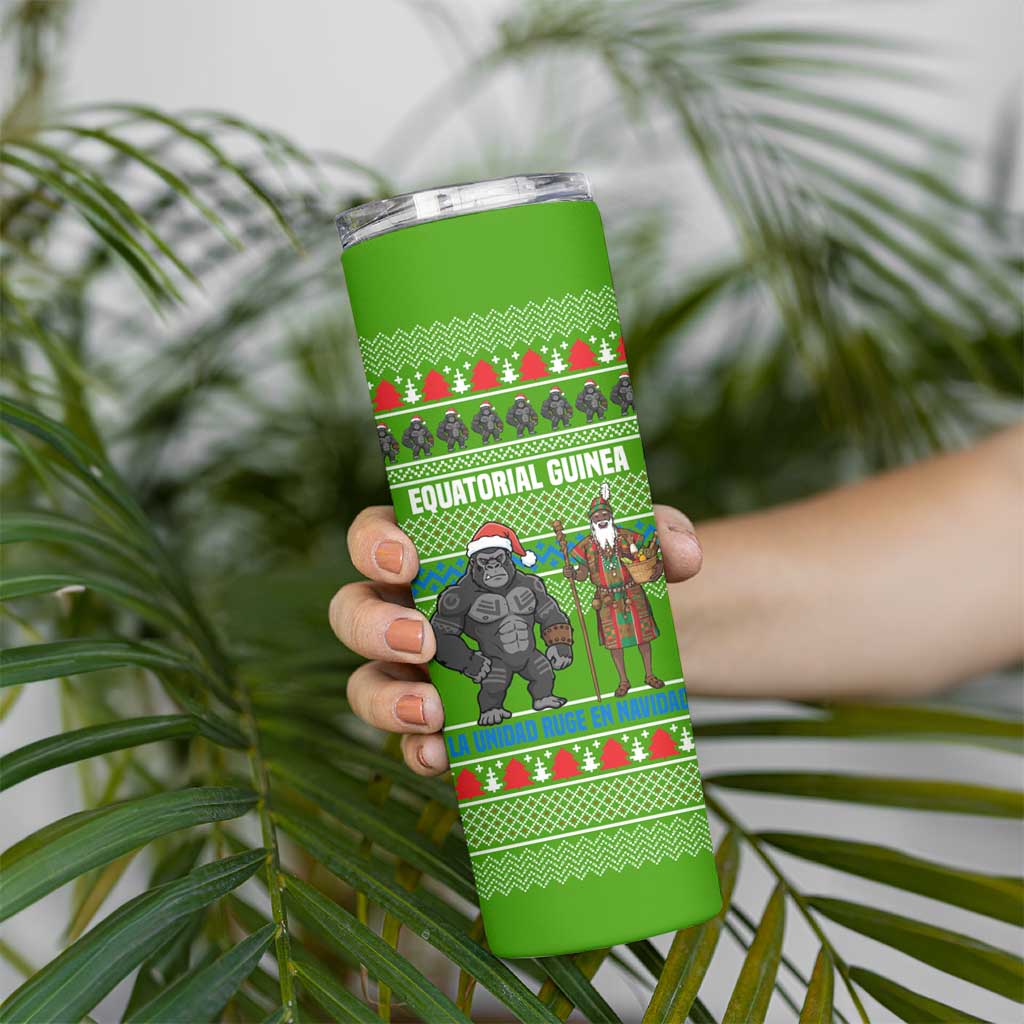 Equatorial Guinea Christmas Skinny Tumbler with Santa Gorilla Gift Basket and Green Holiday Pattern Design - Wonder Print Shop