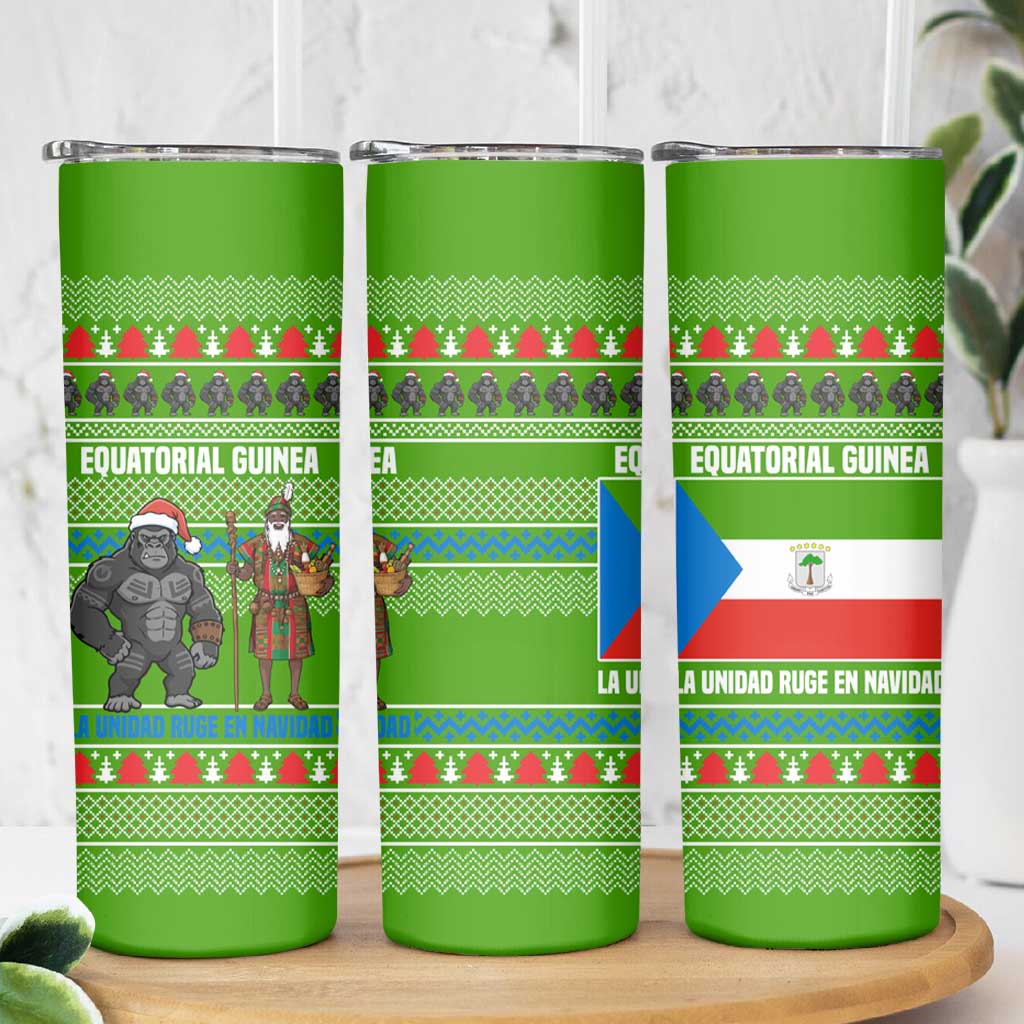Equatorial Guinea Christmas Skinny Tumbler with Santa Gorilla Gift Basket and Green Holiday Pattern Design - Wonder Print Shop