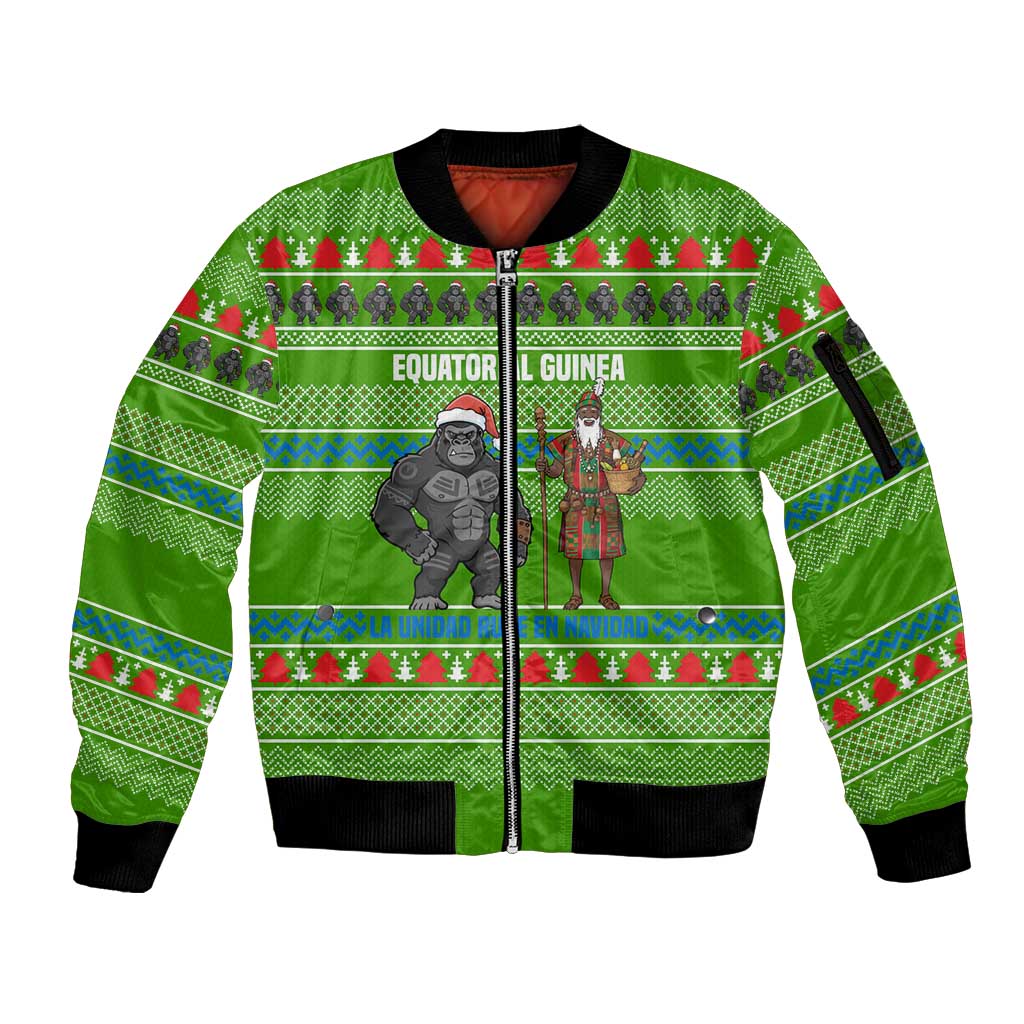 Equatorial Guinea Christmas Sleeve Zip Bomber Jacket with Santa Gorilla Gift Basket and Green Holiday Pattern Design - Wonder Print Shop