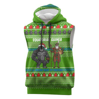 Equatorial Guinea Christmas Sleeveless Hoodie with Santa Gorilla Gift Basket and Green Holiday Pattern Design - Wonder Print Shop