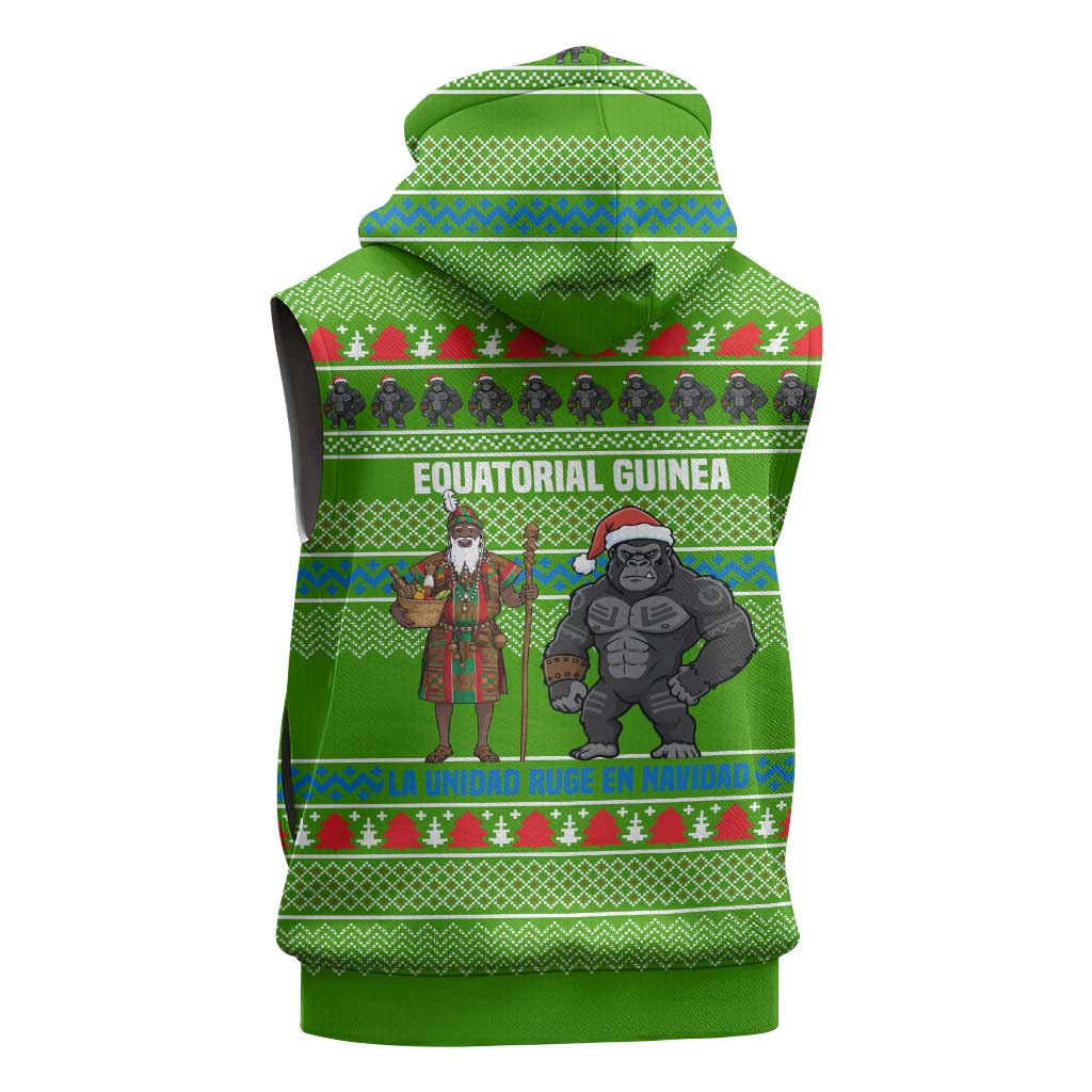 Equatorial Guinea Christmas Sleeveless Hoodie with Santa Gorilla Gift Basket and Green Holiday Pattern Design - Wonder Print Shop