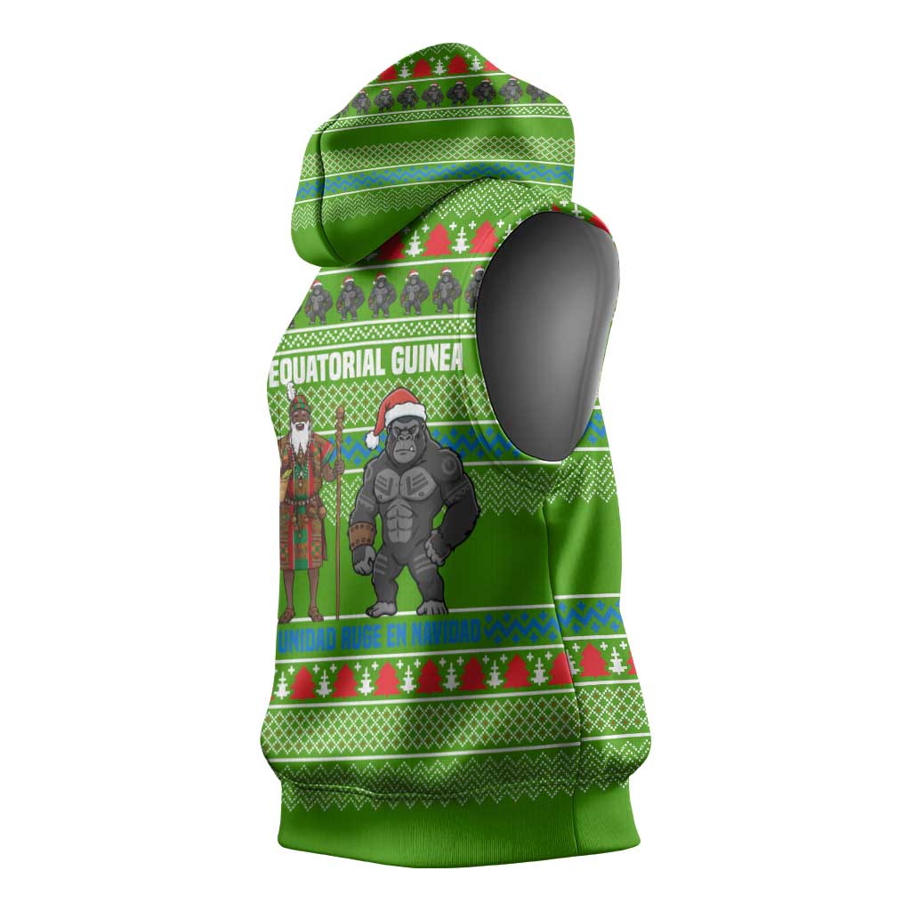 Equatorial Guinea Christmas Sleeveless Hoodie with Santa Gorilla Gift Basket and Green Holiday Pattern Design - Wonder Print Shop