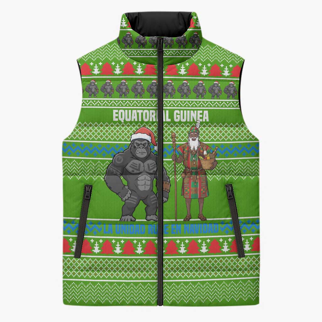 Equatorial Guinea Christmas Sleeveless Puffer Jacket with Santa Gorilla Gift Basket and Green Holiday Pattern Design - Wonder Print Shop