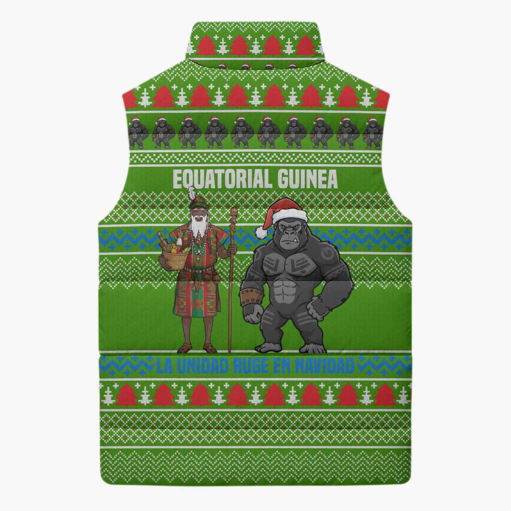 Equatorial Guinea Christmas Sleeveless Puffer Jacket with Santa Gorilla Gift Basket and Green Holiday Pattern Design - Wonder Print Shop