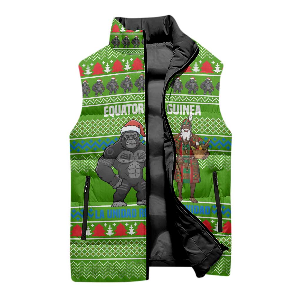 Equatorial Guinea Christmas Sleeveless Puffer Jacket with Santa Gorilla Gift Basket and Green Holiday Pattern Design - Wonder Print Shop