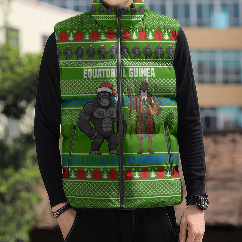 Equatorial Guinea Christmas Sleeveless Puffer Jacket with Santa Gorilla Gift Basket and Green Holiday Pattern Design - Wonder Print Shop