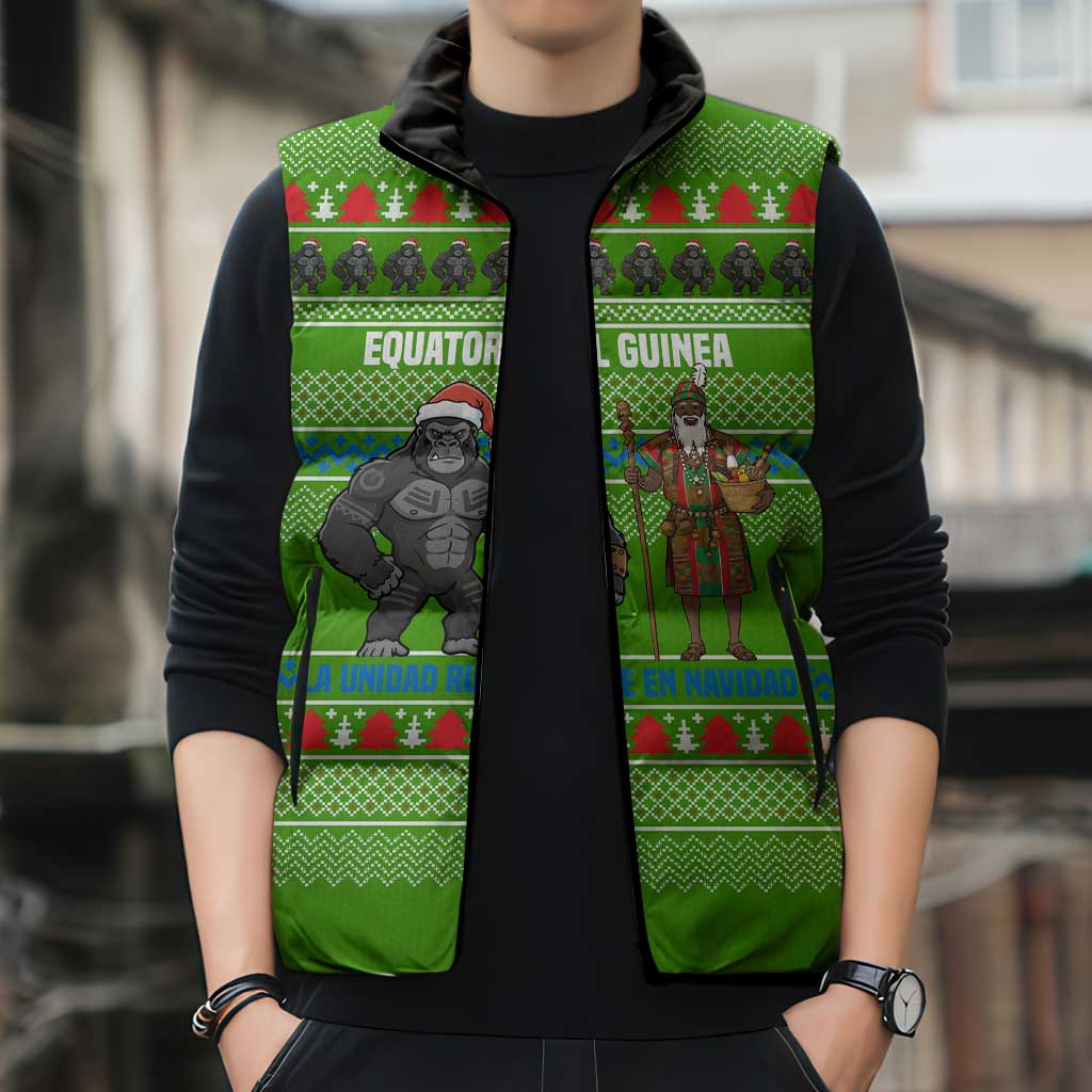 Equatorial Guinea Christmas Sleeveless Puffer Jacket with Santa Gorilla Gift Basket and Green Holiday Pattern Design - Wonder Print Shop