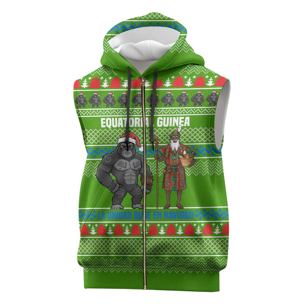 Equatorial Guinea Christmas Sleeveless Zip Hoodie with Santa Gorilla Gift Basket and Green Holiday Pattern Design - Wonder Print Shop