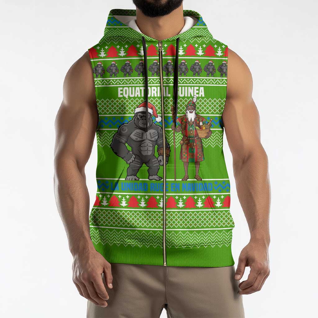 Equatorial Guinea Christmas Sleeveless Zip Hoodie with Santa Gorilla Gift Basket and Green Holiday Pattern Design - Wonder Print Shop