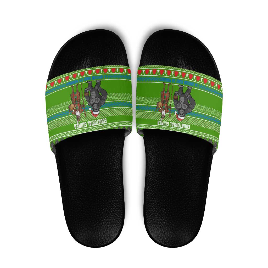 Equatorial Guinea Christmas Slide Sandals with Santa Gorilla Gift Basket and Green Holiday Pattern Design - Wonder Print Shop