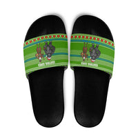 Equatorial Guinea Christmas Slide Sandals with Santa Gorilla Gift Basket and Green Holiday Pattern Design - Wonder Print Shop