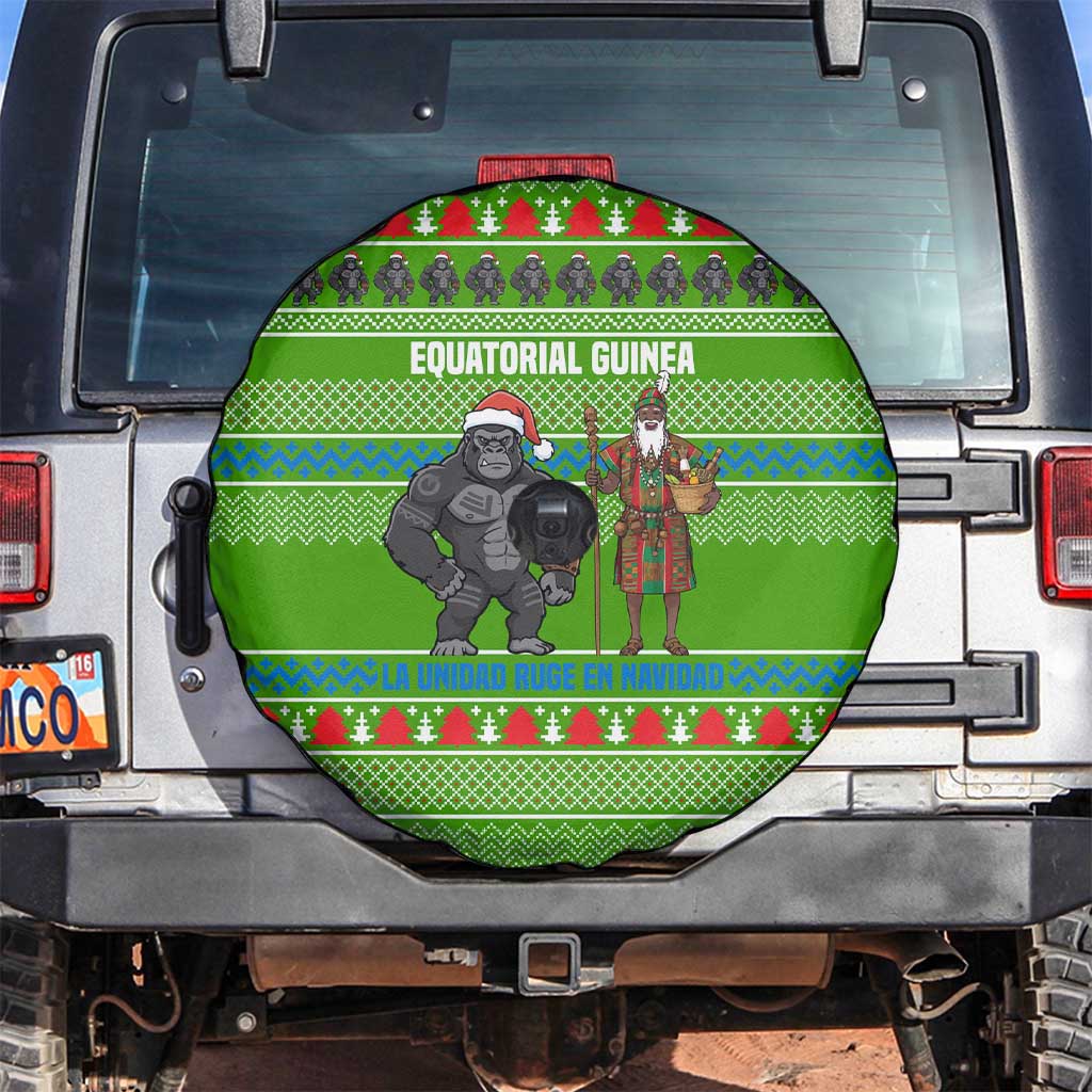 Equatorial Guinea Christmas Spare Tire Cover with Santa Gorilla Gift Basket and Green Holiday Pattern Design - Wonder Print Shop
