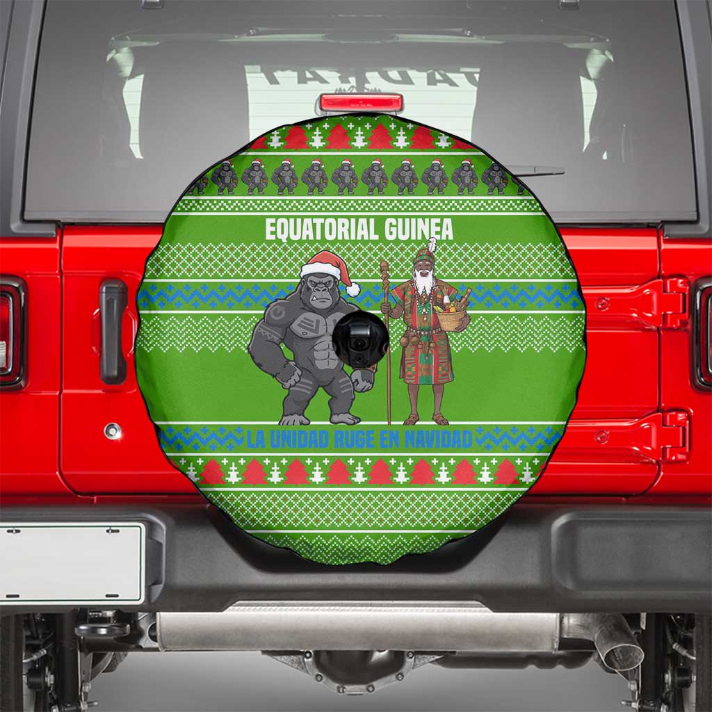 Equatorial Guinea Christmas Spare Tire Cover with Santa Gorilla Gift Basket and Green Holiday Pattern Design - Wonder Print Shop