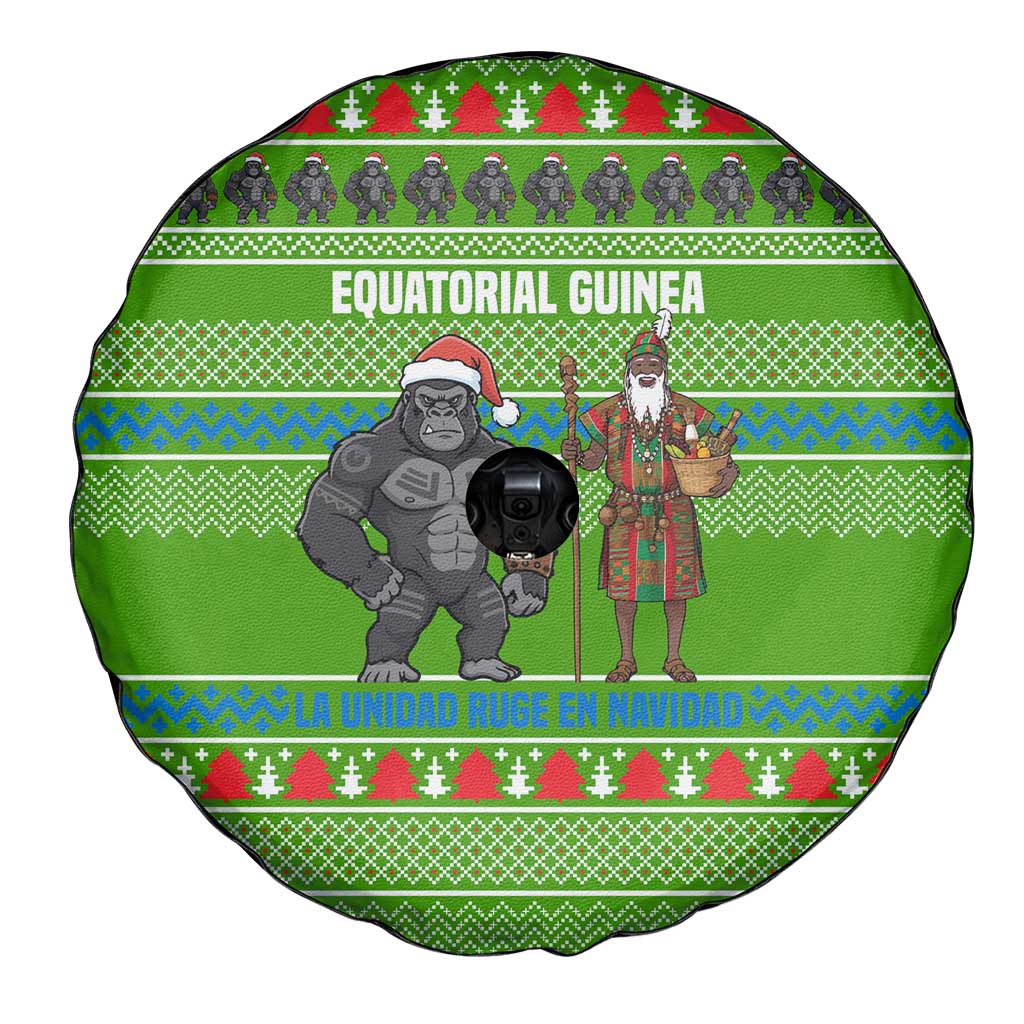 Equatorial Guinea Christmas Spare Tire Cover with Santa Gorilla Gift Basket and Green Holiday Pattern Design - Wonder Print Shop
