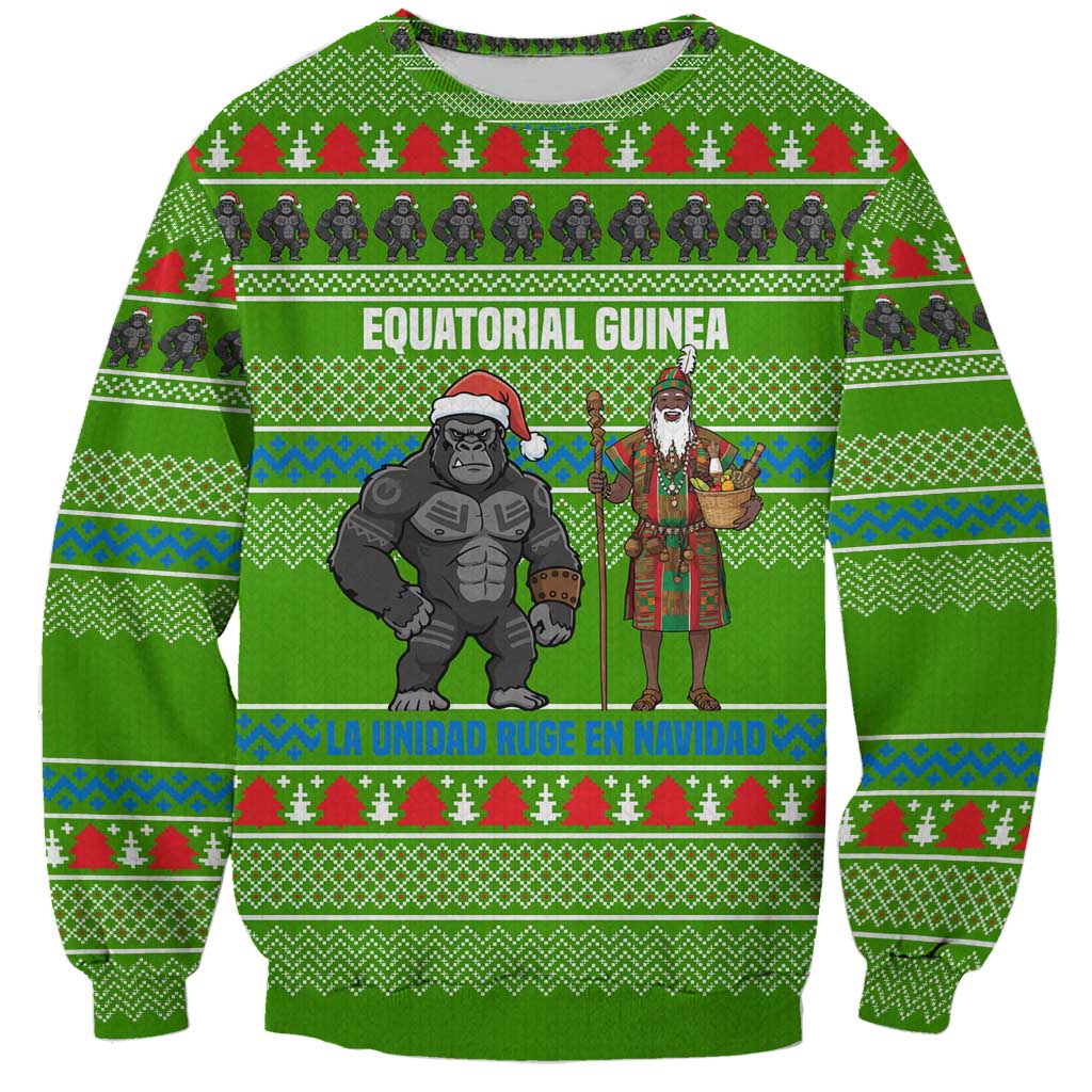 Equatorial Guinea Christmas Sweatshirt with Santa Gorilla Gift Basket and Green Holiday Pattern Design - Wonder Print Shop