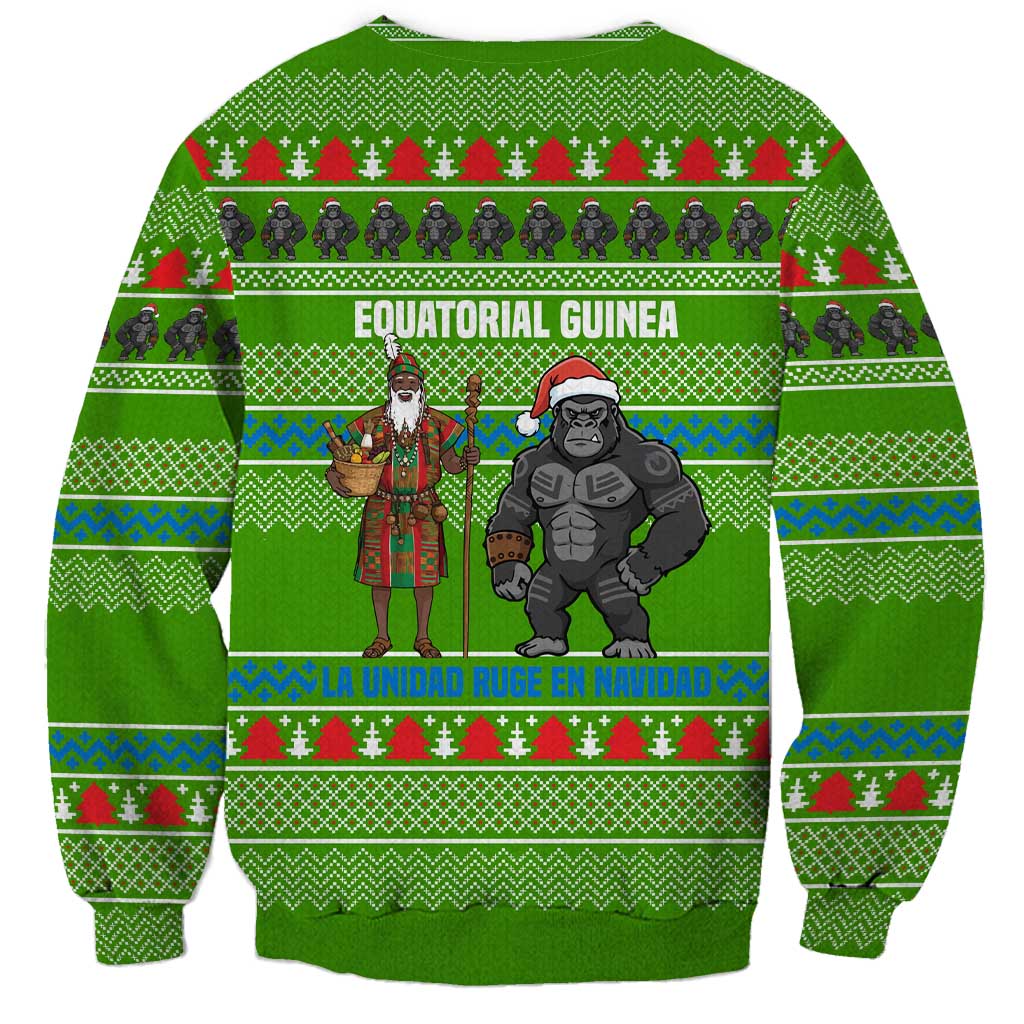 Equatorial Guinea Christmas Sweatshirt with Santa Gorilla Gift Basket and Green Holiday Pattern Design - Wonder Print Shop