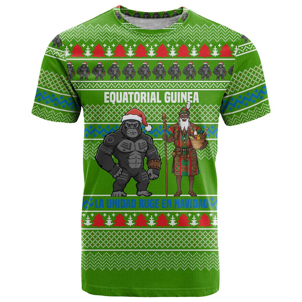 Equatorial Guinea Christmas T Shirt with Santa Gorilla Gift Basket and Green Holiday Pattern Design - Wonder Print Shop