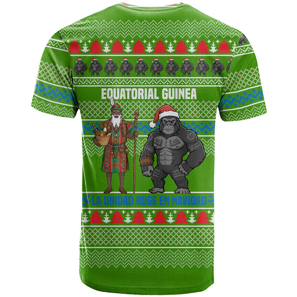 Equatorial Guinea Christmas T Shirt with Santa Gorilla Gift Basket and Green Holiday Pattern Design - Wonder Print Shop
