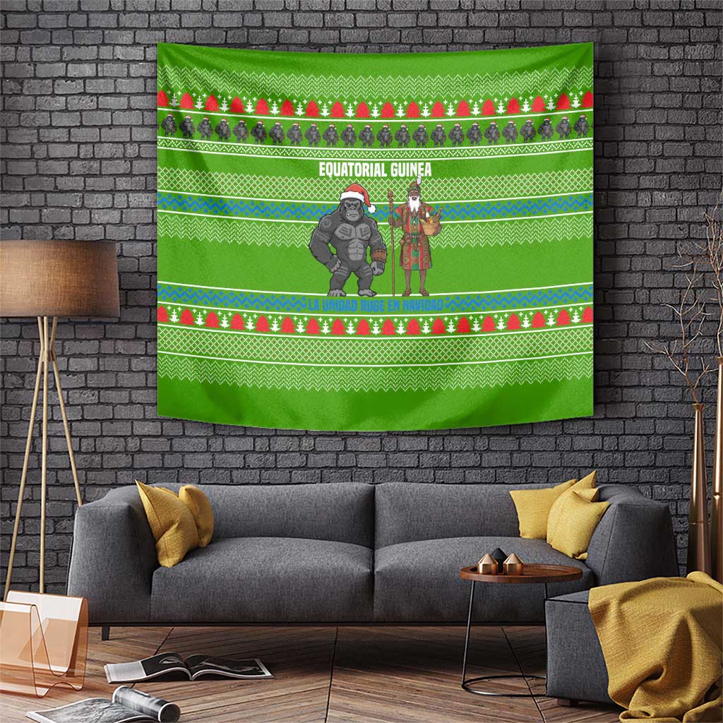 Equatorial Guinea Christmas Tapestry with Santa Gorilla Gift Basket and Green Holiday Pattern Design - Wonder Print Shop