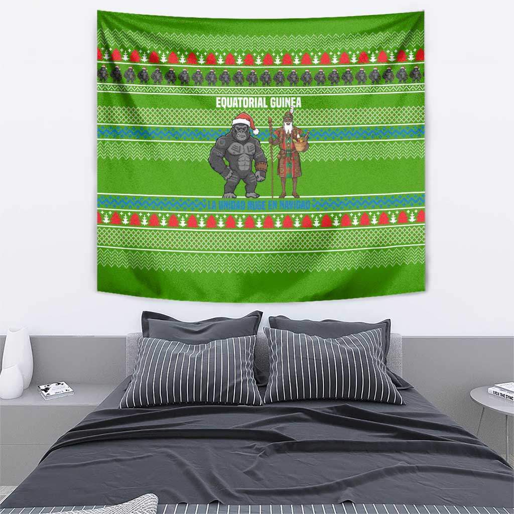 Equatorial Guinea Christmas Tapestry with Santa Gorilla Gift Basket and Green Holiday Pattern Design - Wonder Print Shop