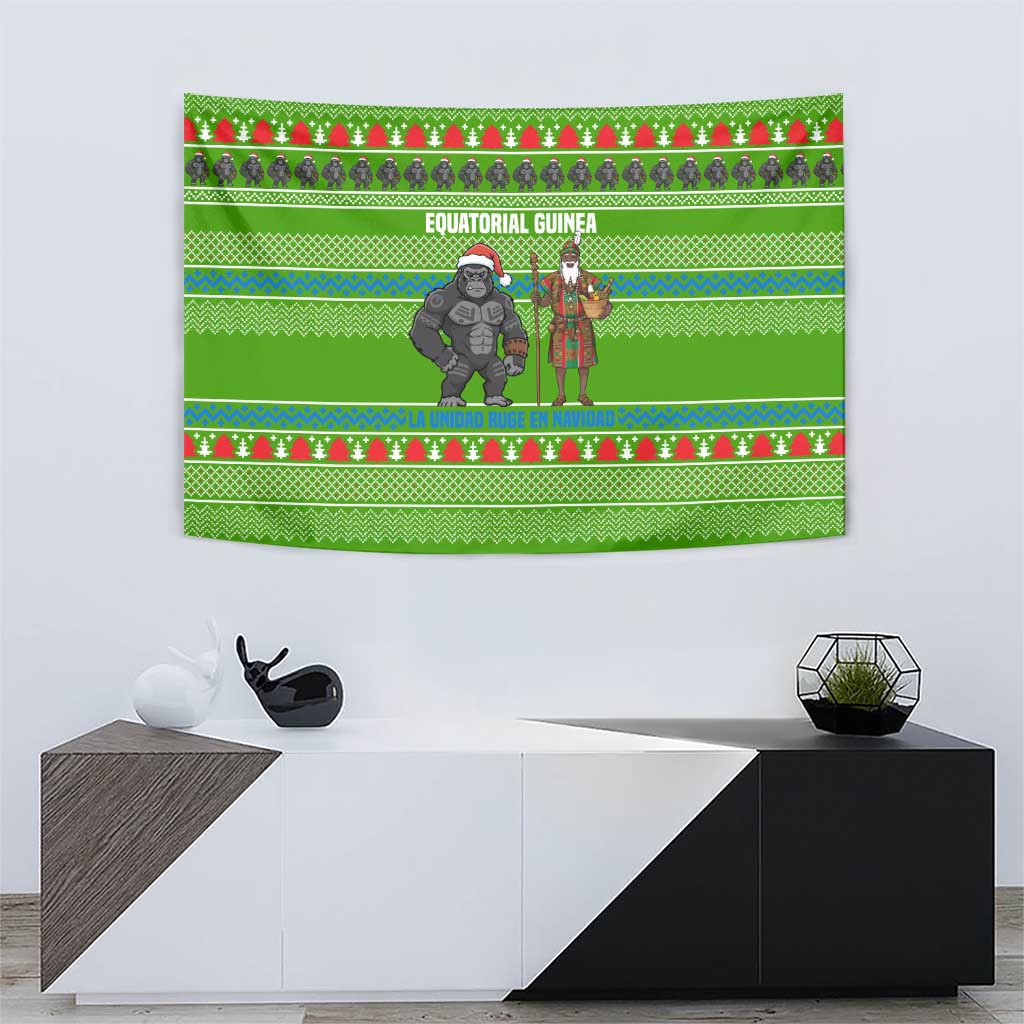 Equatorial Guinea Christmas Tapestry with Santa Gorilla Gift Basket and Green Holiday Pattern Design - Wonder Print Shop