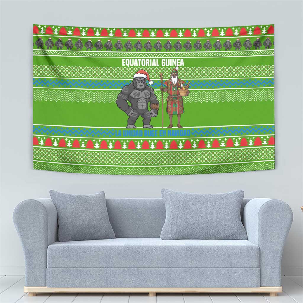 Equatorial Guinea Christmas Tapestry with Santa Gorilla Gift Basket and Green Holiday Pattern Design - Wonder Print Shop