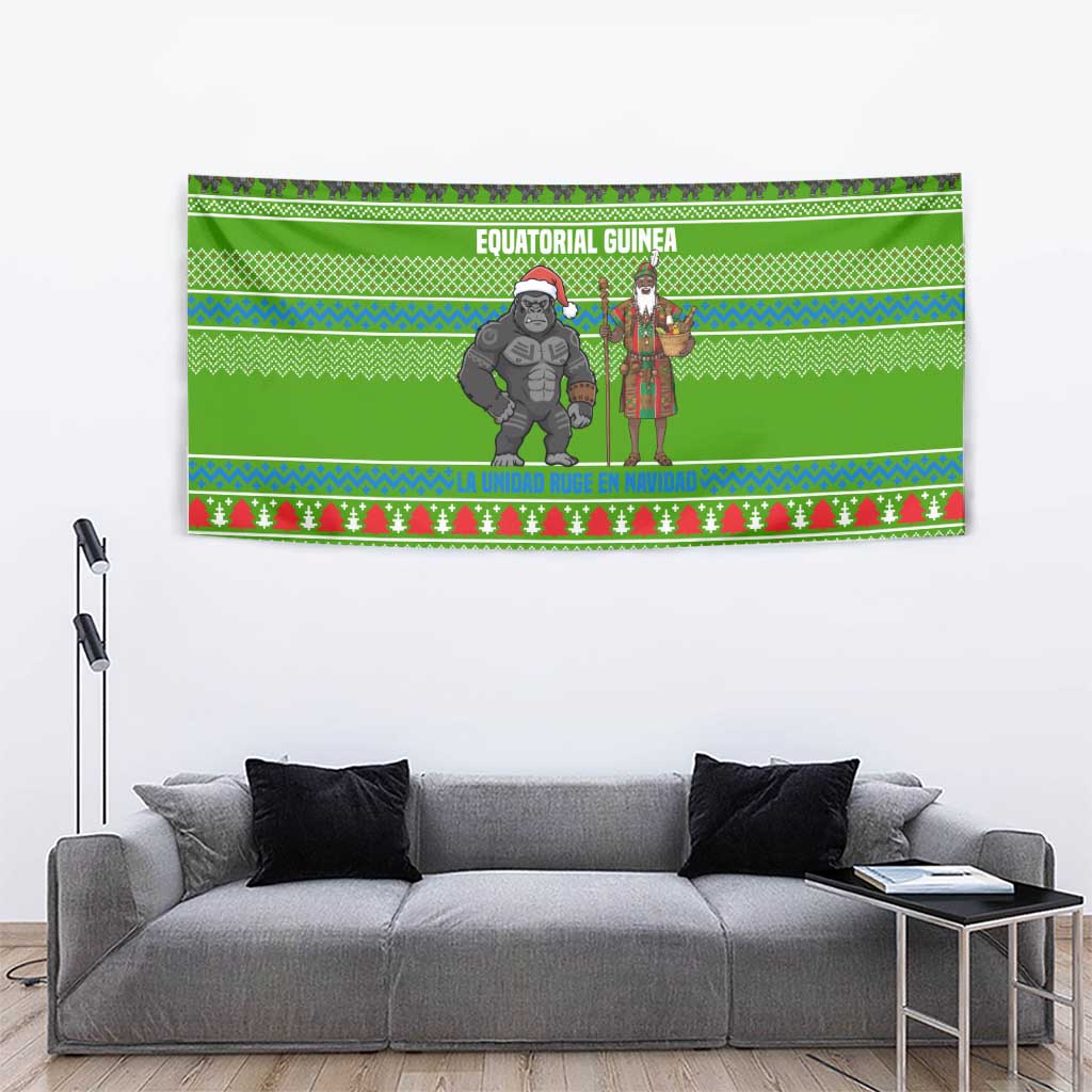 Equatorial Guinea Christmas Tapestry with Santa Gorilla Gift Basket and Green Holiday Pattern Design - Wonder Print Shop