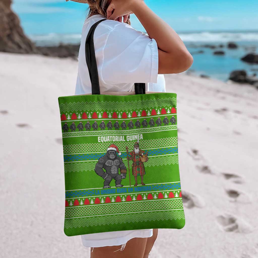 Equatorial Guinea Christmas Tote Bag with Santa Gorilla Gift Basket and Green Holiday Pattern Design - Wonder Print Shop