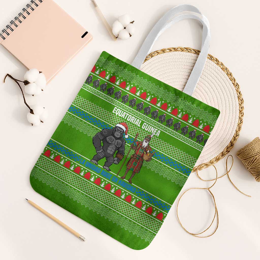 Equatorial Guinea Christmas Tote Bag with Santa Gorilla Gift Basket and Green Holiday Pattern Design - Wonder Print Shop