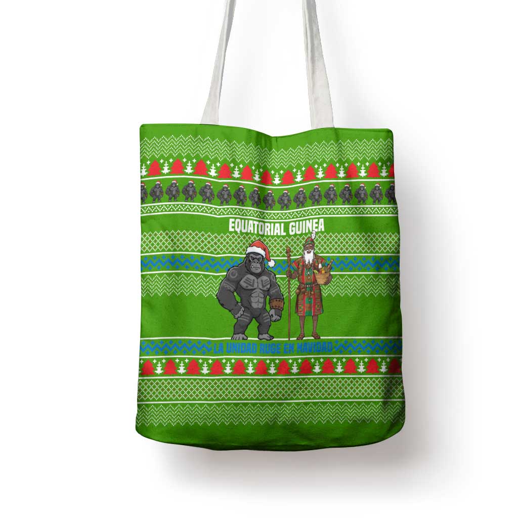 Equatorial Guinea Christmas Tote Bag with Santa Gorilla Gift Basket and Green Holiday Pattern Design - Wonder Print Shop