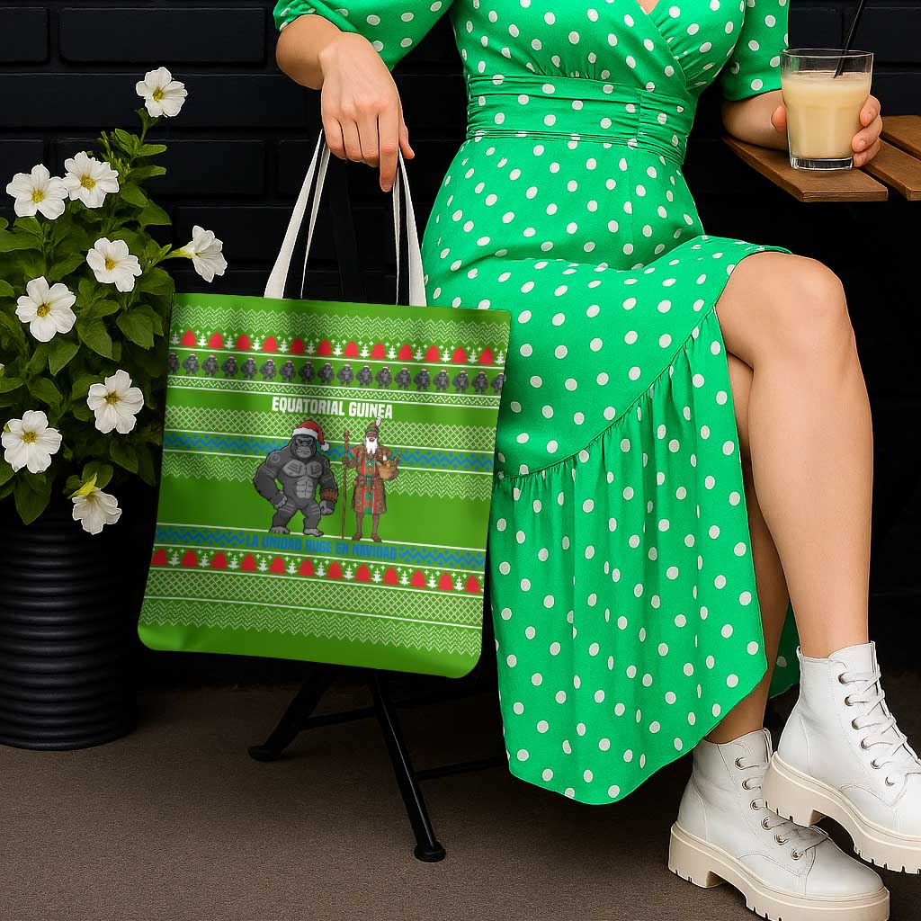 Equatorial Guinea Christmas Tote Bag with Santa Gorilla Gift Basket and Green Holiday Pattern Design - Wonder Print Shop