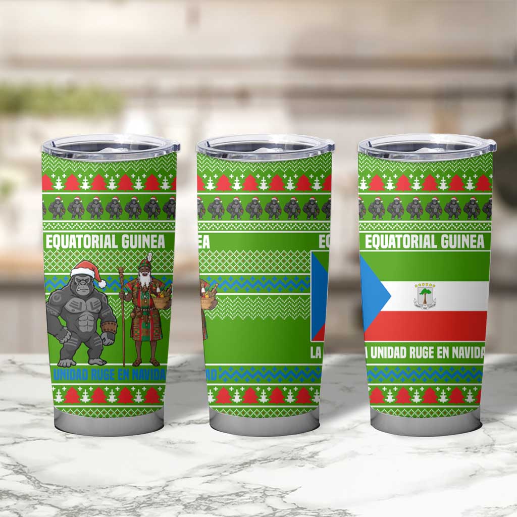 Equatorial Guinea Christmas Tumbler Cup with Santa Gorilla Gift Basket and Green Holiday Pattern Design - Wonder Print Shop