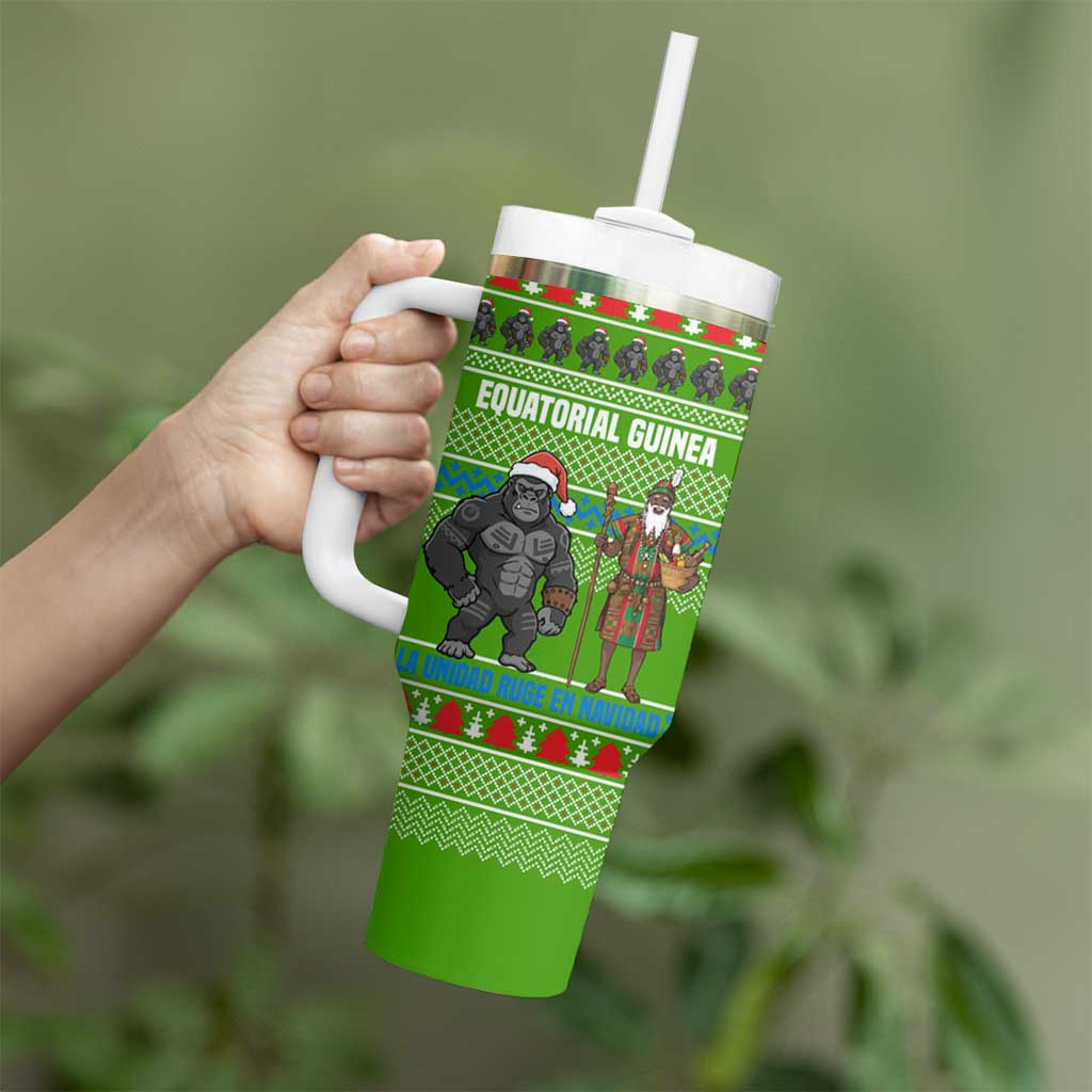 Equatorial Guinea Christmas Tumbler With Handle with Santa Gorilla Gift Basket and Green Holiday Pattern Design - Wonder Print Shop