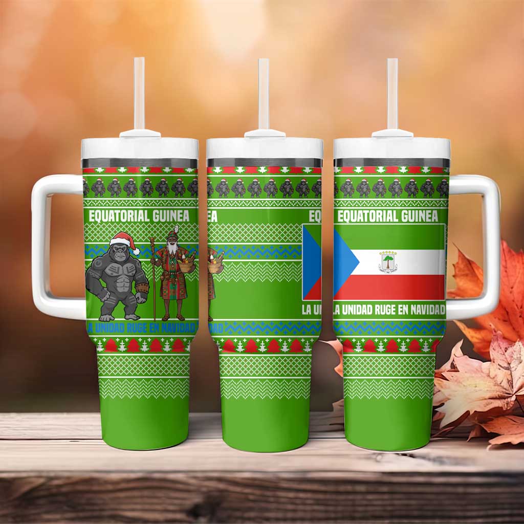Equatorial Guinea Christmas Tumbler With Handle with Santa Gorilla Gift Basket and Green Holiday Pattern Design - Wonder Print Shop