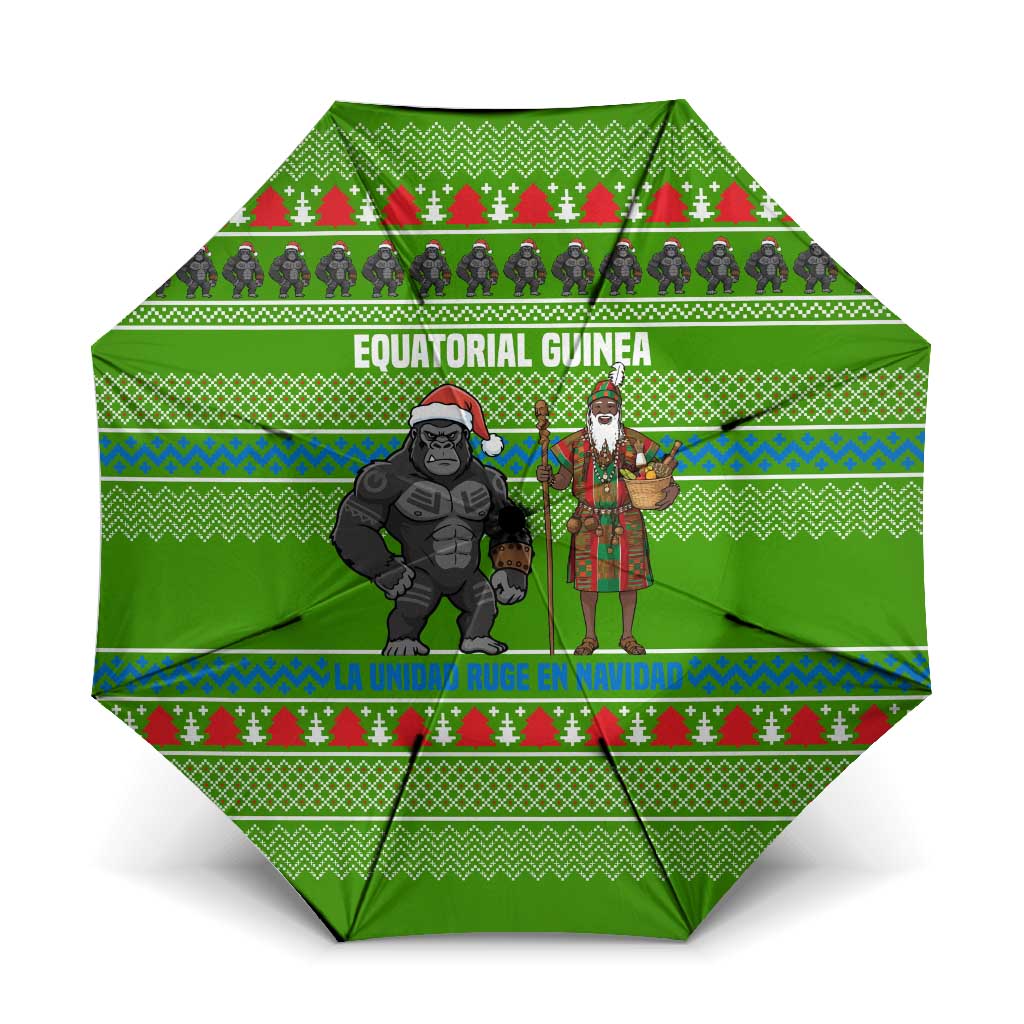 Equatorial Guinea Christmas Umbrella with Santa Gorilla Gift Basket and Green Holiday Pattern Design - Wonder Print Shop