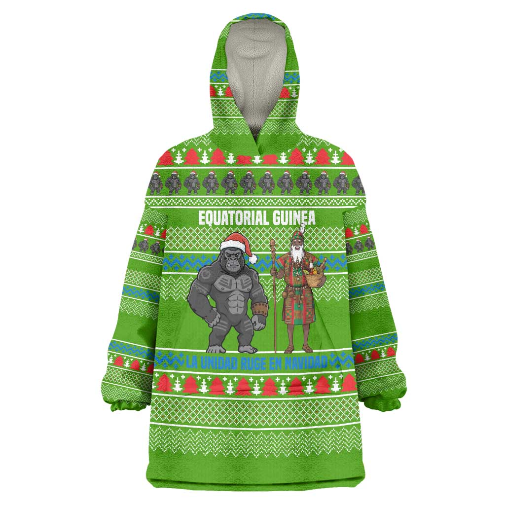 Equatorial Guinea Christmas Wearable Blanket Hoodie with Santa Gorilla Gift Basket and Green Holiday Pattern Design - Wonder Print Shop