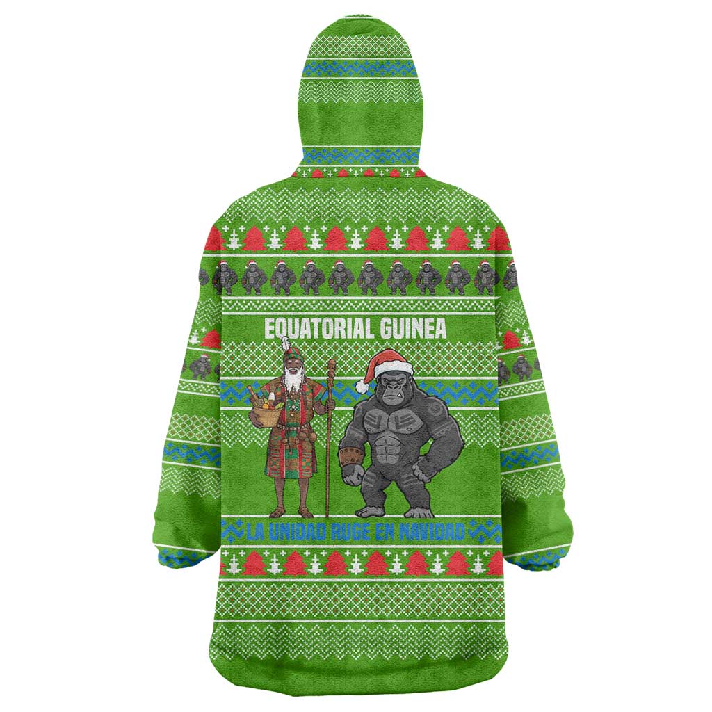 Equatorial Guinea Christmas Wearable Blanket Hoodie with Santa Gorilla Gift Basket and Green Holiday Pattern Design - Wonder Print Shop