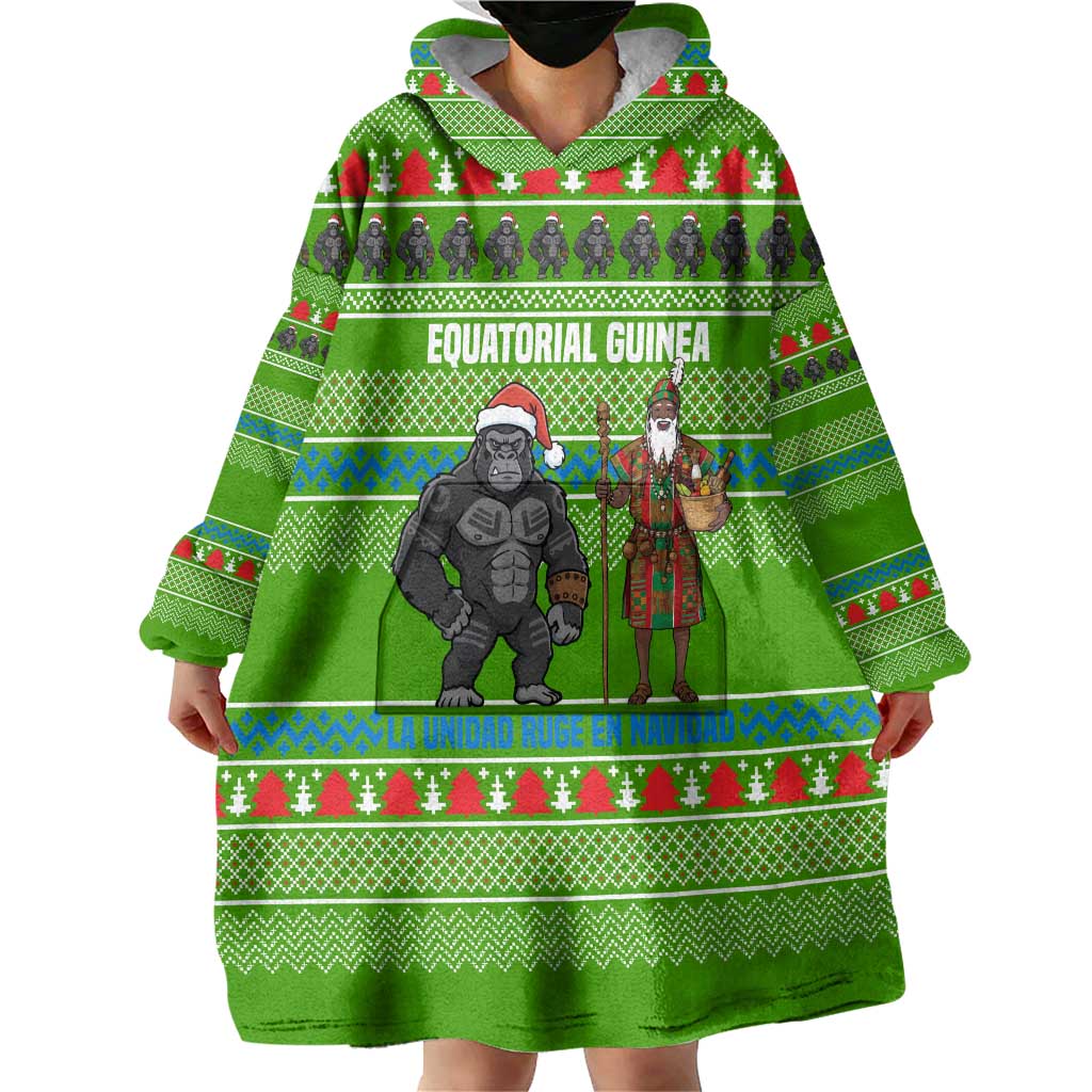 Equatorial Guinea Christmas Wearable Blanket Hoodie with Santa Gorilla Gift Basket and Green Holiday Pattern Design - Wonder Print Shop
