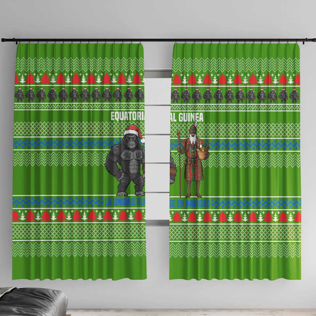 Equatorial Guinea Christmas Window Curtain with Santa Gorilla Gift Basket and Green Holiday Pattern Design - Wonder Print Shop