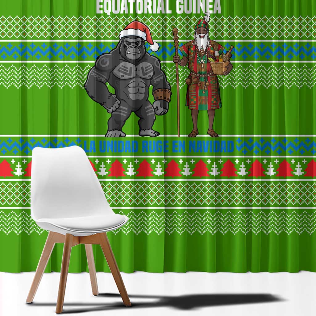 Equatorial Guinea Christmas Window Curtain with Santa Gorilla Gift Basket and Green Holiday Pattern Design - Wonder Print Shop