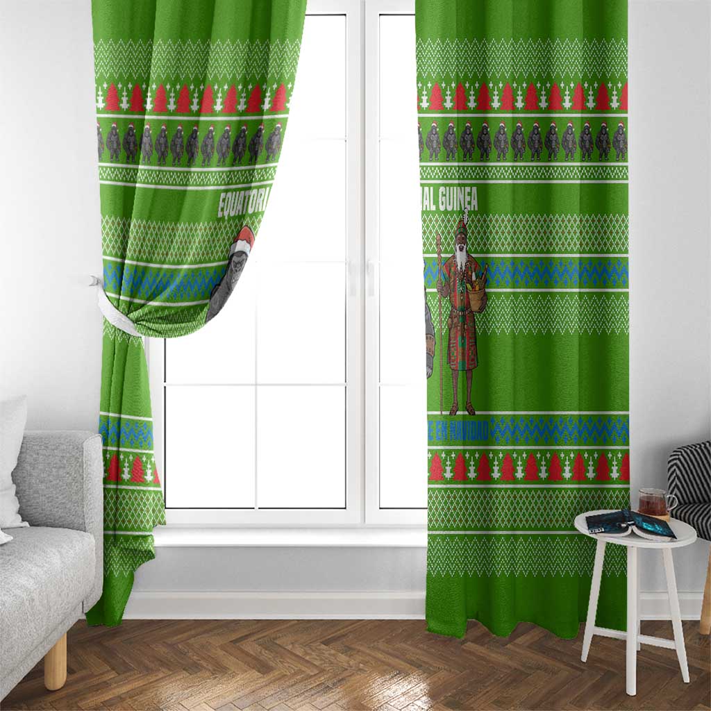 Equatorial Guinea Christmas Window Curtain with Santa Gorilla Gift Basket and Green Holiday Pattern Design - Wonder Print Shop