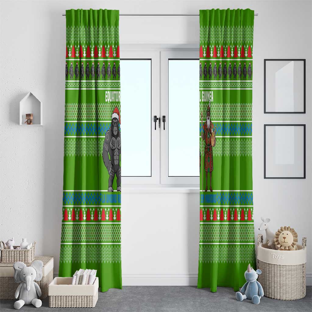 Equatorial Guinea Christmas Window Curtain with Santa Gorilla Gift Basket and Green Holiday Pattern Design - Wonder Print Shop