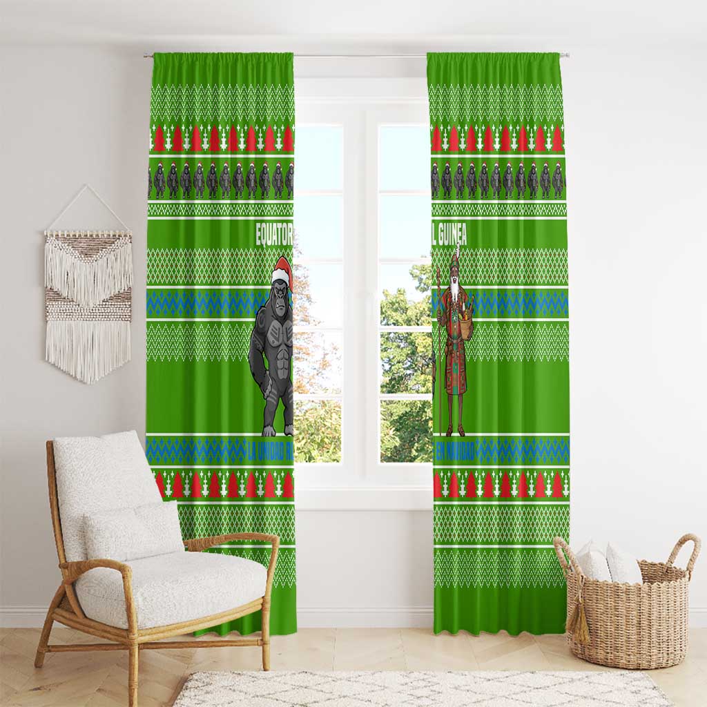Equatorial Guinea Christmas Window Curtain with Santa Gorilla Gift Basket and Green Holiday Pattern Design - Wonder Print Shop